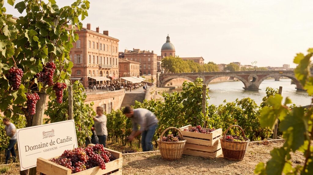 Vigne au verger de Candie à Toulouse, grappes de raisin mûres et ambiance de fin d’été