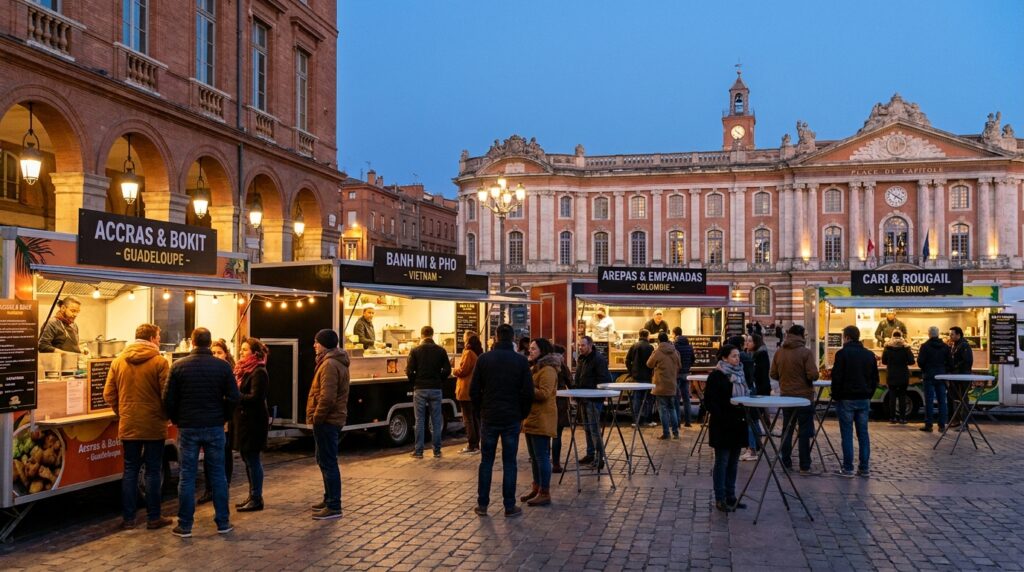 Food trucks du monde à Toulouse sur une place animée