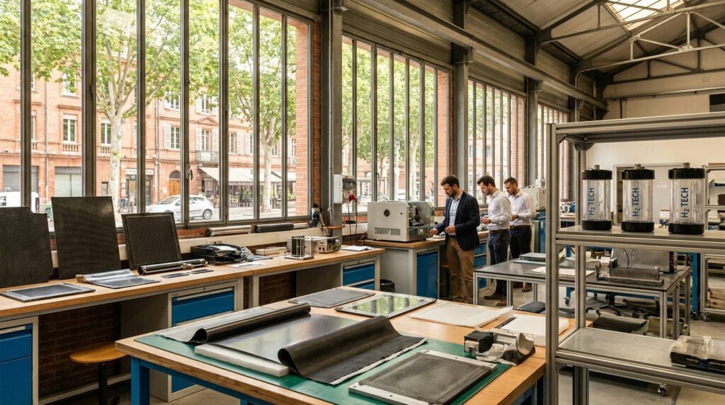 Illustration éditoriale d’un atelier de matériaux avancés lié à l’hydrogène à Toulouse