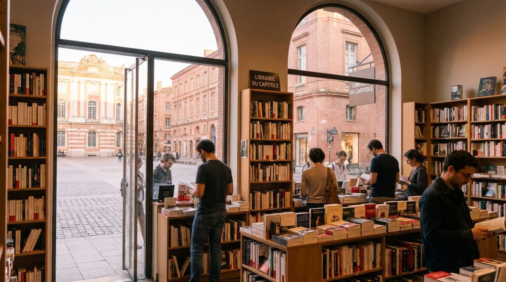 Librairie indépendante à Toulouse, rayonnages de livres, lecteurs en flânerie et lumière chaleureuse de la ville rose