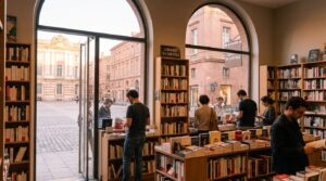 Librairie indépendante à Toulouse, rayonnages de livres, lecteurs en flânerie et lumière chaleureuse de la ville rose