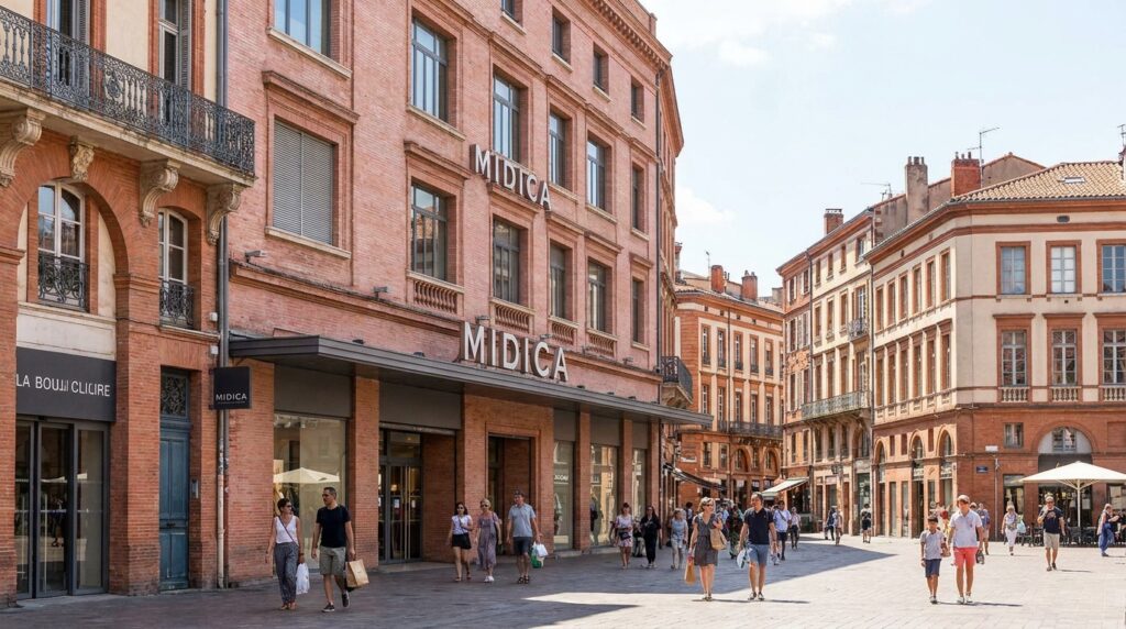 Façade de Midica place Esquirol à Toulouse, grand magasin indépendant historique, ambiance centre-ville, passants avec sacs, briques roses, lumière d’été