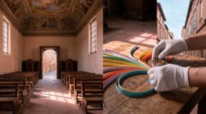 Atelier de paperolles dans la Chapelle des Carmélites à Toulouse, bandes de papier coloré, mains au travail, décor baroque toulousain en arrière-plan
