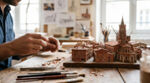 Illustration éditoriale représentant une maquette miniature du vieux Toulouse sur un établi