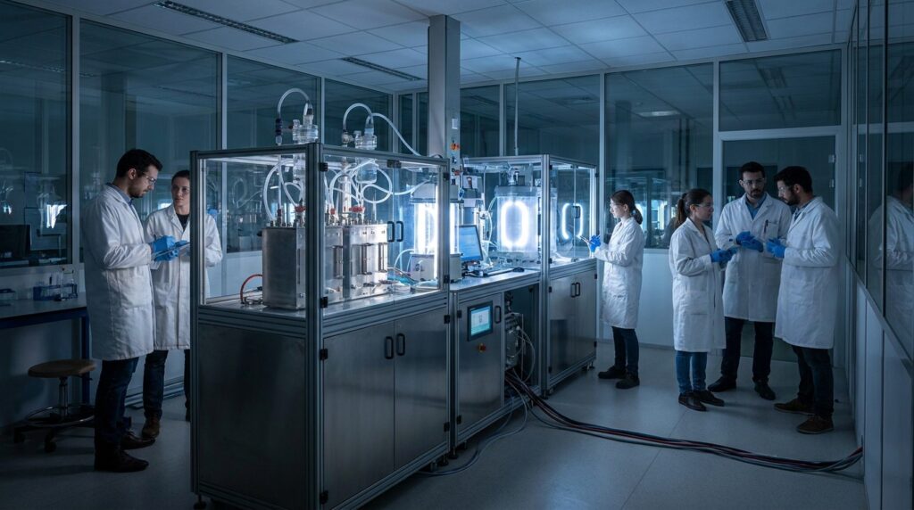 Illustration éditoriale d’un laboratoire toulousain travaillant sur une production modulaire d’ammoniaque propre