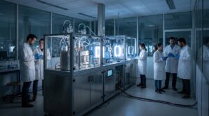 Illustration éditoriale d’un laboratoire toulousain travaillant sur une production modulaire d’ammoniaque propre