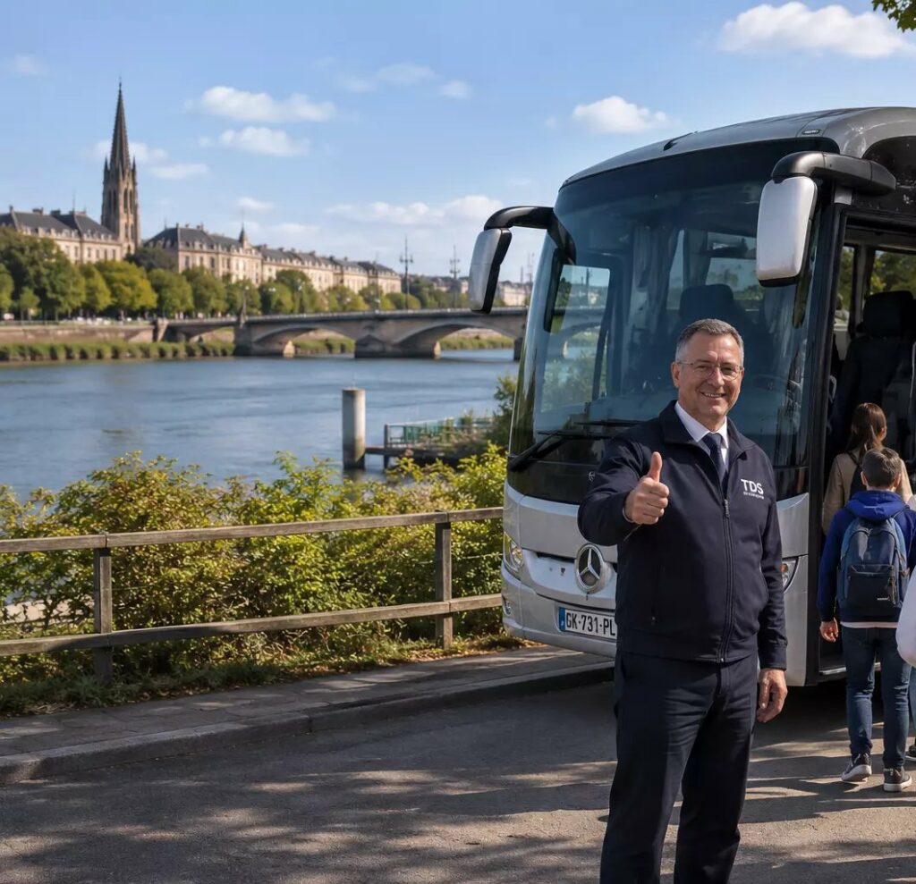 Élèves montant dans un autocar sur les quais de Bordeaux