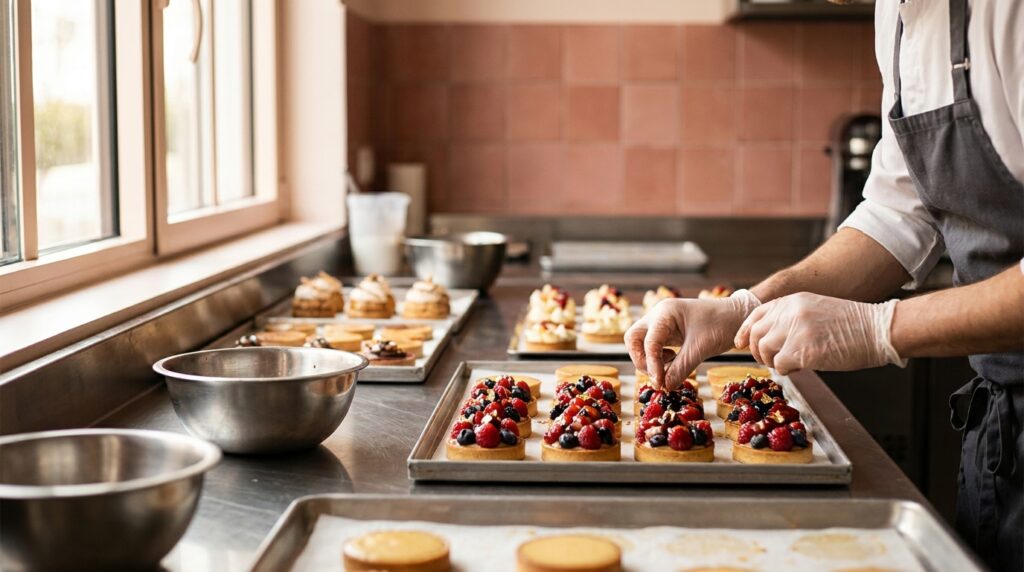 Pâtissier préparant des tartelettes artisanales dans un laboratoire