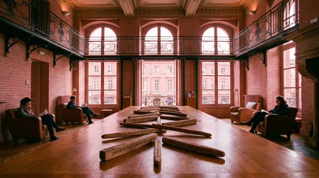 Installation poétique inspirée de Serge Pey dans une bibliothèque patrimoniale à Toulouse, bâtons gravés et ambiance Art déco