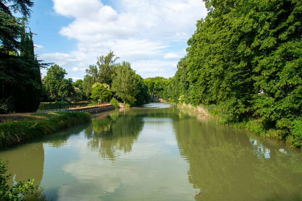 Le Bassin des Filtres bordé de briques et d’arbres à Toulouse