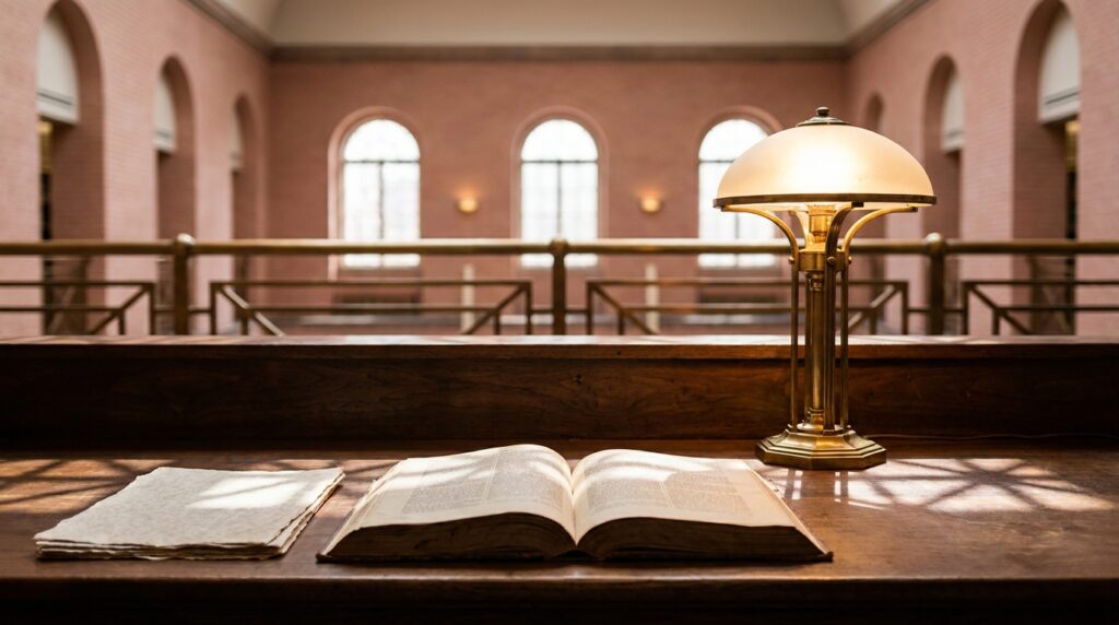 Livre ancien et lampe Art déco évoquant la Bibliothèque d’Étude et du Patrimoine à Toulouse