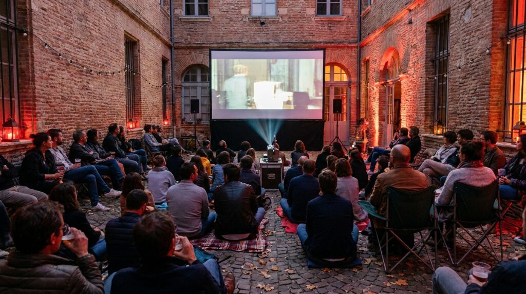 Public d’un festival de cinéma espagnol dans une cour en brique à Toulouse