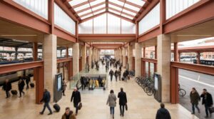 Voyageurs dans une halle multimodale contemporaine à Toulouse