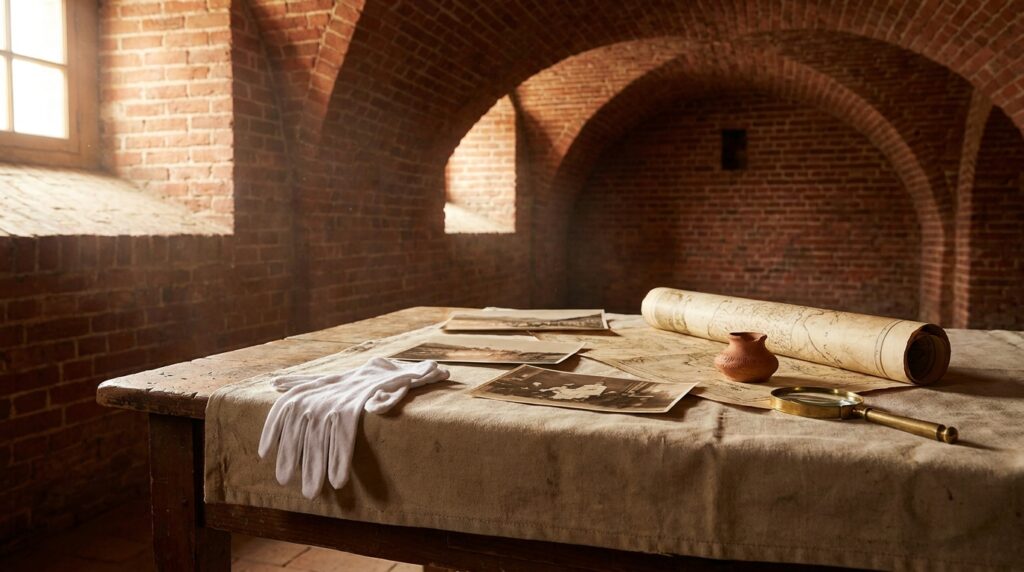 Table de conservation et archives dans une cave voûtée en brique évoquant la mémoire de Toulouse