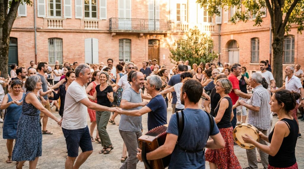 Bal occitan contemporain dans une cour de briques à Toulouse