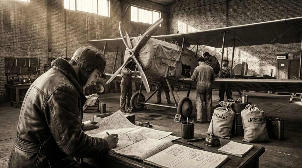 Illustration historique d’un jeune pilote au travail dans un hangar de Montaudran en 1926